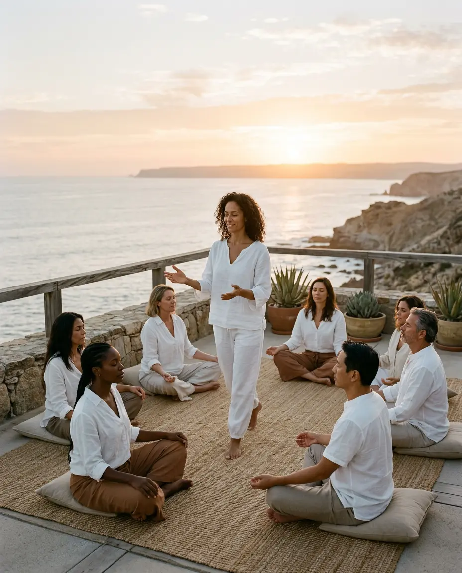 A wellness expert leading a sunrise session on a coastal terrace