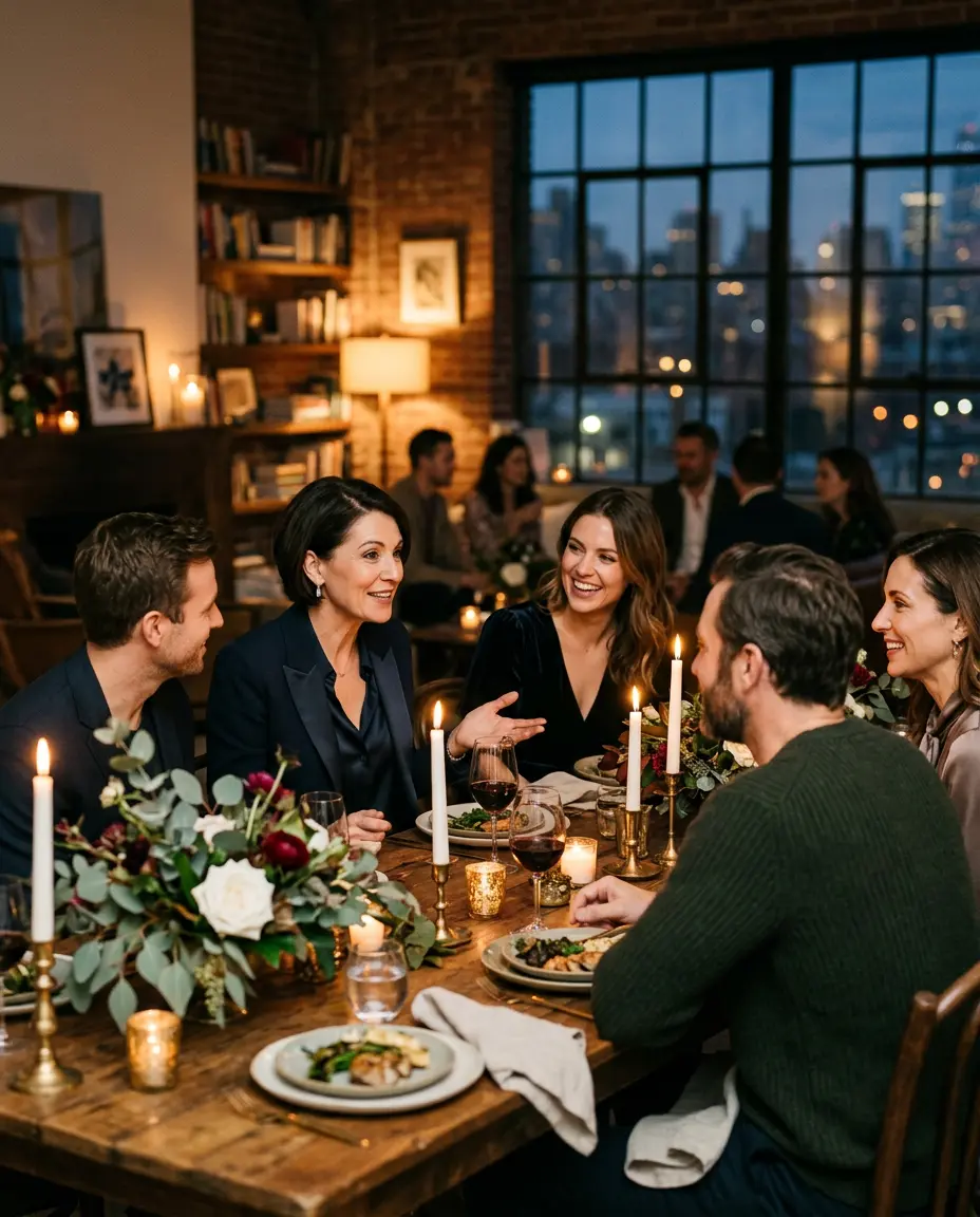 A group sharing an intimate dinner conversation