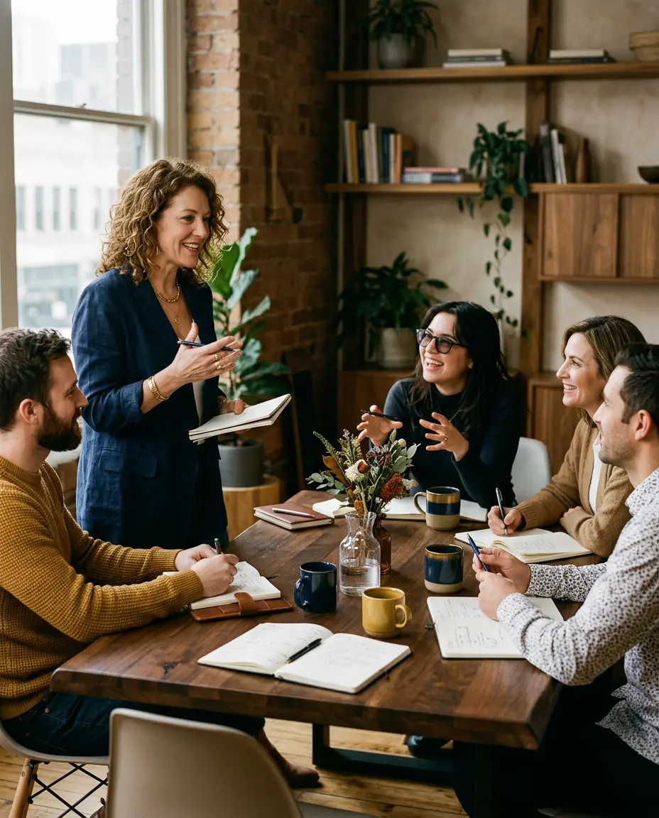 An expert leading a workshop around a table